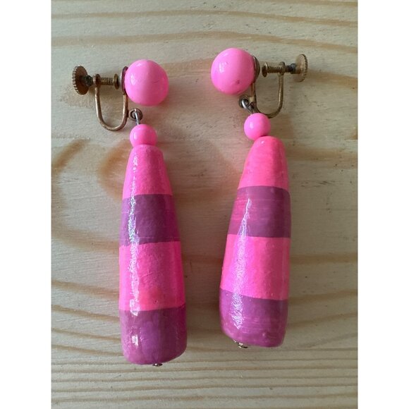 Vintage Pink & Purple Striped Screwback Earrings 1960s Boho Retro Jewelry - Picture 1 of 2